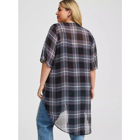 Torrid Memory Plaid Shirttail Kimono Lightweight Sheer Blue Beige Wine 1 1X - Picture 2 of 9